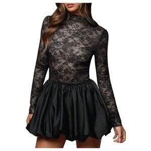 NWT MakeMeChic Black Lace Sheer Bubble Mini Dress Mock Neck Small